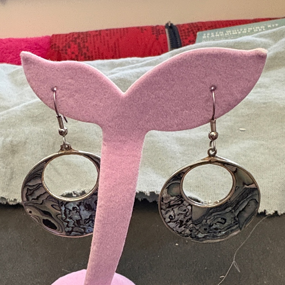 Vintage Alpaca Silver Mother Of Pearl Hoop Drop Earrings